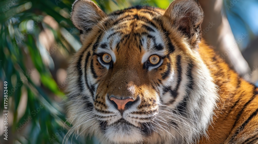 Naklejka premium Majestic Tiger Portrait in Natural Habitat, Captivating Wildlife Photography, Focusing on Intense Gaze and Striking Fur