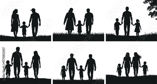 Family walking together silhouette, parents with children holding hands, outdoor bonding, love and unity, happy family lifestyle, parenting connection, care