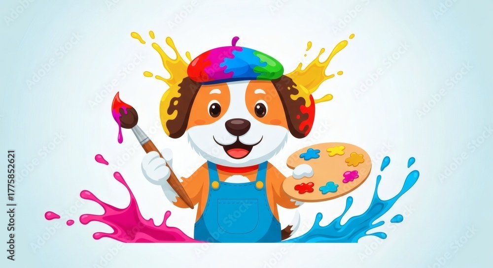 Fototapeta premium Adorable Dog Clipart A Colorful Cartoon Illustration of a Happy Canine Artist with Paintbrush and Palette