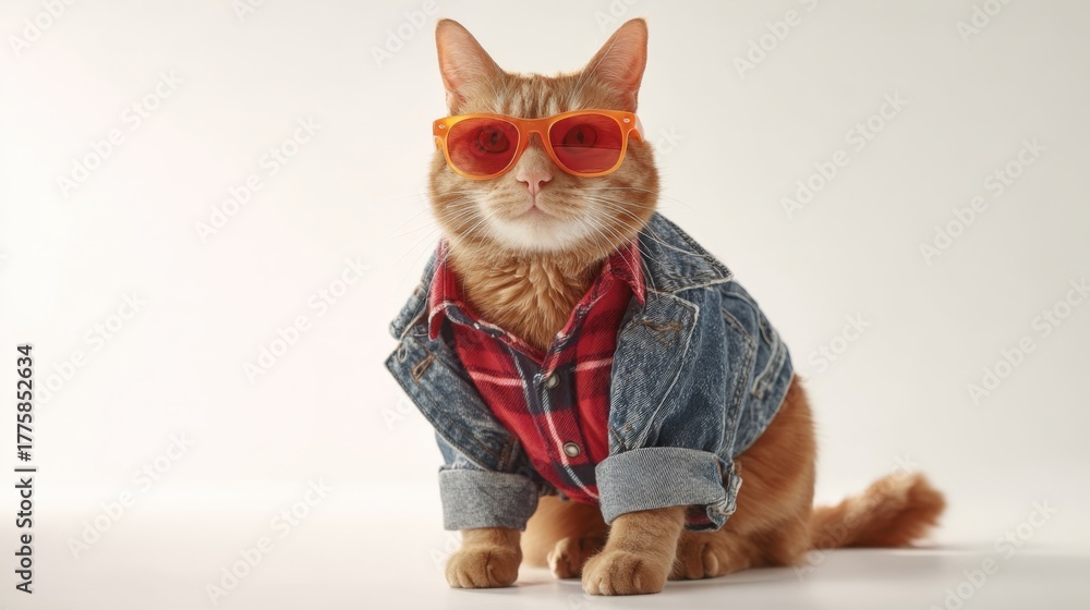 Naklejka premium Fashionable Ginger Cat Portrait: Wearing Sunglasses, Denim Jacket, and a Plaid Shirt on White Background