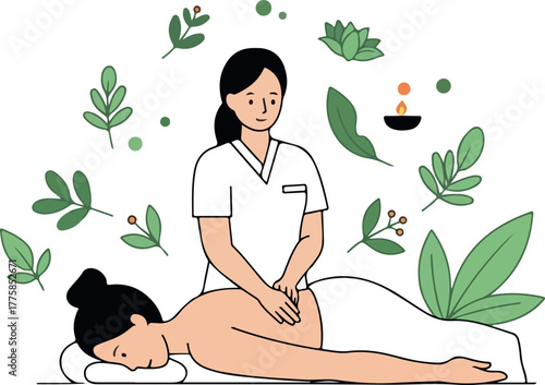 Massage Therapy Health Wellness Nature Plants Flat Design Vector