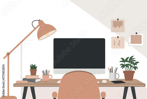 Minimalist Desk Workspace with Computer Lamp and Plants Neutral Tones