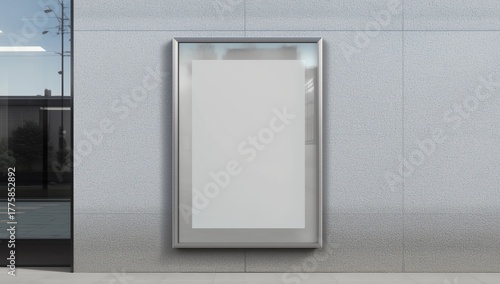 Metal frame hanging in street mockup. Template of a picture framed on a wall bathed in sunlight 3D rendering