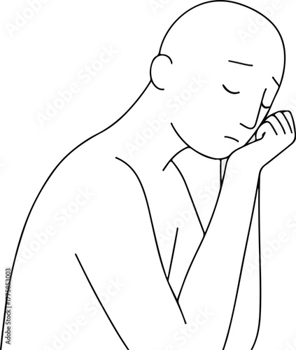 Minimalist Line Art Sad Person Resting Head on Hand Isolated
