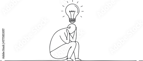 Minimalist Man With Lightbulb Idea Above Head Vector Illustration