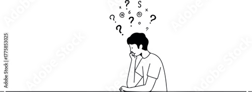 Minimalist Man Thinking Deeply Surrounded by Question Marks Vector Art