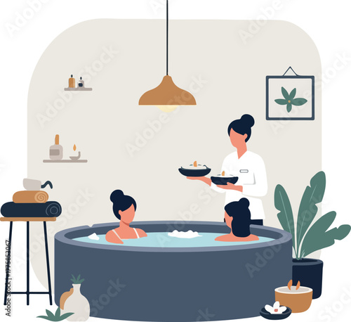 Minimalist Spa Scene Flat Design People Relaxing in Hot Tub Neutral Tones