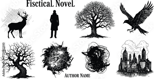 Fantasy novel illustration, gothic city, mysterious forest, dark crow, deer silhouette, twisted trees, abstract chaos art, vintage book cover design