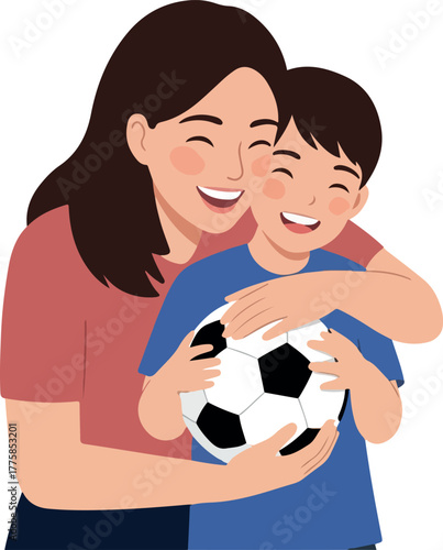 Mother Hugging Son Holding Soccer Ball Joyful Outdoor Play