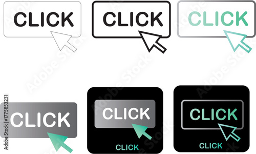 Set of four 'CLICK' buttons with a cursor arrow, featuring gradient effects and outlined designs, suitable for web and digital interfaces