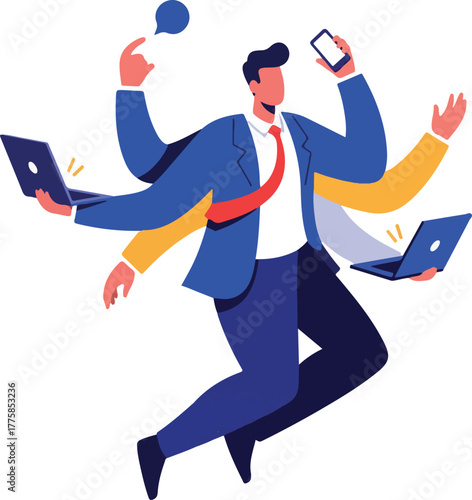 Multitasking Businessman Working on Laptops Holding Phone Gesturing Dynamic Business