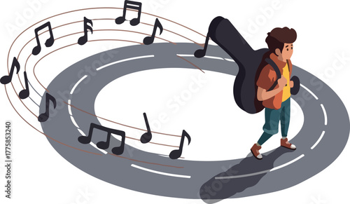 Musician Walks On Road Carrying Guitar Case Music Notes Surround Him