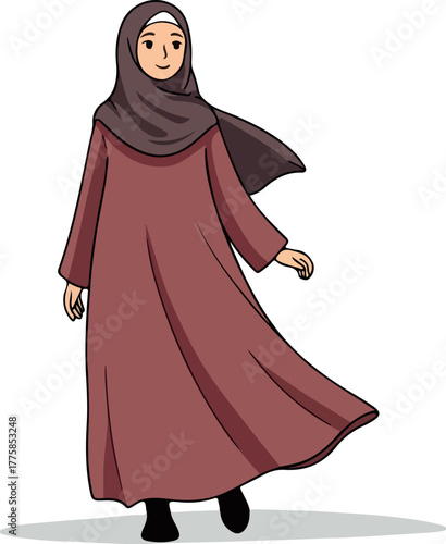 Muslim Woman In Flowy Red Dress And Brown Hijab Casual Style
