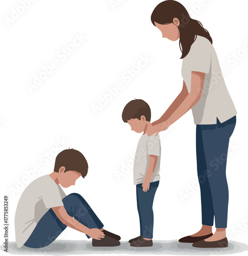 Mother Tucking In Her Sad Son With His Brother Sitting Beside