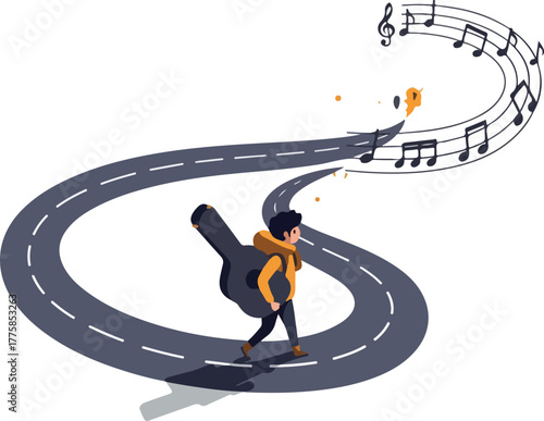 Musician Walks Guitar Case on Winding Road With Music Notes