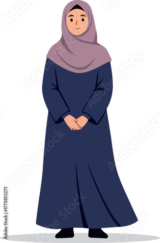 Muslim Woman In Purple Hijab And Blue Abaya Standing Flat Design