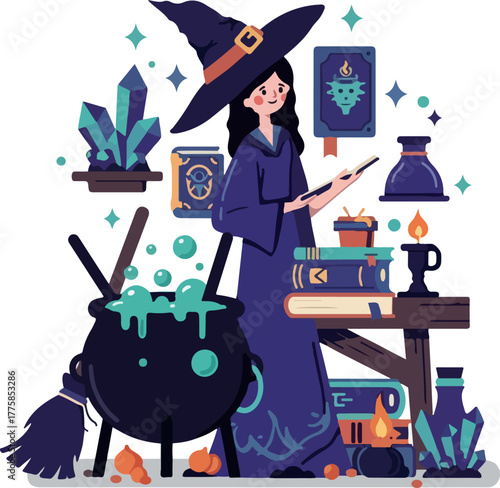 Mysterious Witch Brewing Potion In Cauldron With Crystals And Books