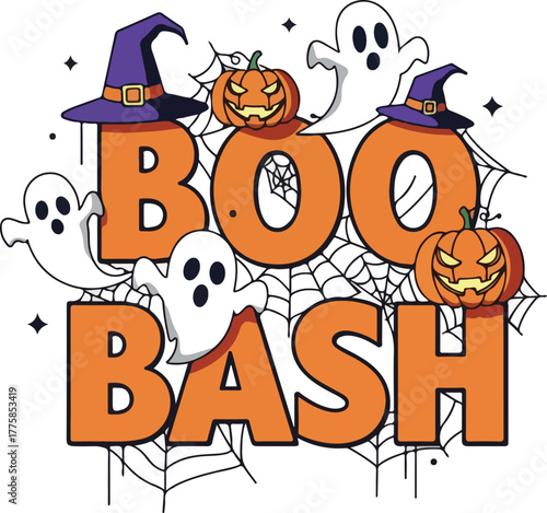 Orange Boo Bash Halloween Ghosts Pumpkins Witch Hats Spiderwebs