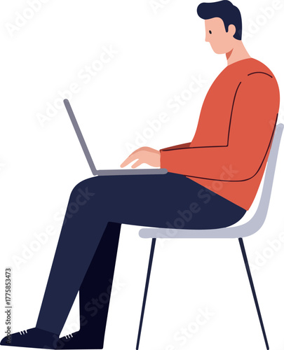 Orange Sweater Man Sitting Chair Using Laptop Flat Design Vector
