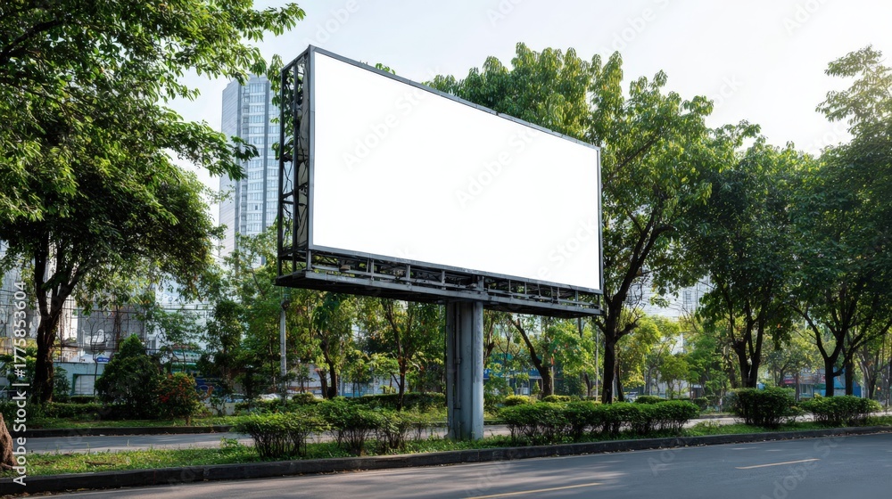 Fototapeta premium Blank Billboard Mockup Surrounded by Lush Greenery in Urban Setting, Ready for Advertising Campaign