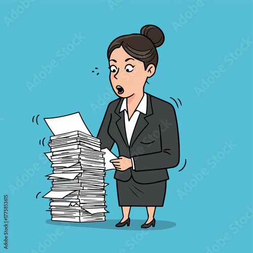 Overwhelmed Businesswoman Stares At Huge Stack Of Paperwork On Blue Background
