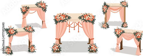 Peach Draped Wedding Arch Floral Decor Vector Set