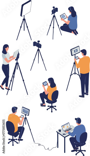 People Filming Content With Tripod Lights And Cameras Flat Design