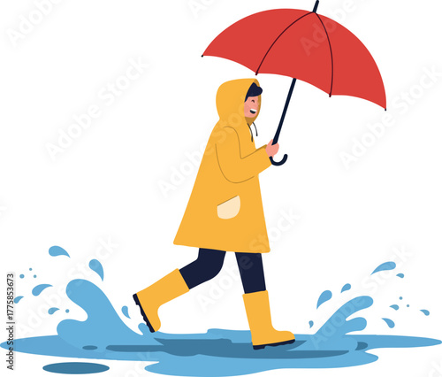 Person In Yellow Raincoat Splashing Through Puddles With Red Umbrella