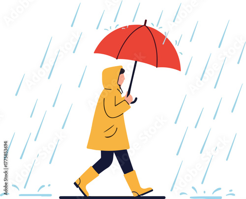 Person in Yellow Raincoat with Red Umbrella Walking in Rain