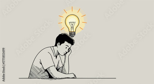 Person Thinking Under Illuminated Light Bulb Idea Minimalist Vector Art