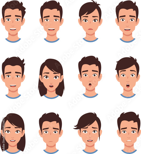 Pixel Art Avatar Emotions Diverse People Set Blue Shirt Isolated