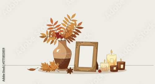 Pixel Art Autumn Scene Vase With Leaves Candles And Blank Frame On Beige Background