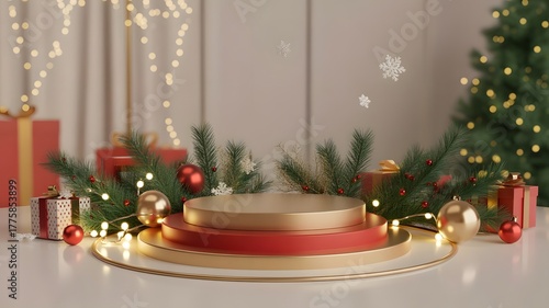 Festive Christmas product display podium decorated with ornaments and pine branches for holiday season promotions