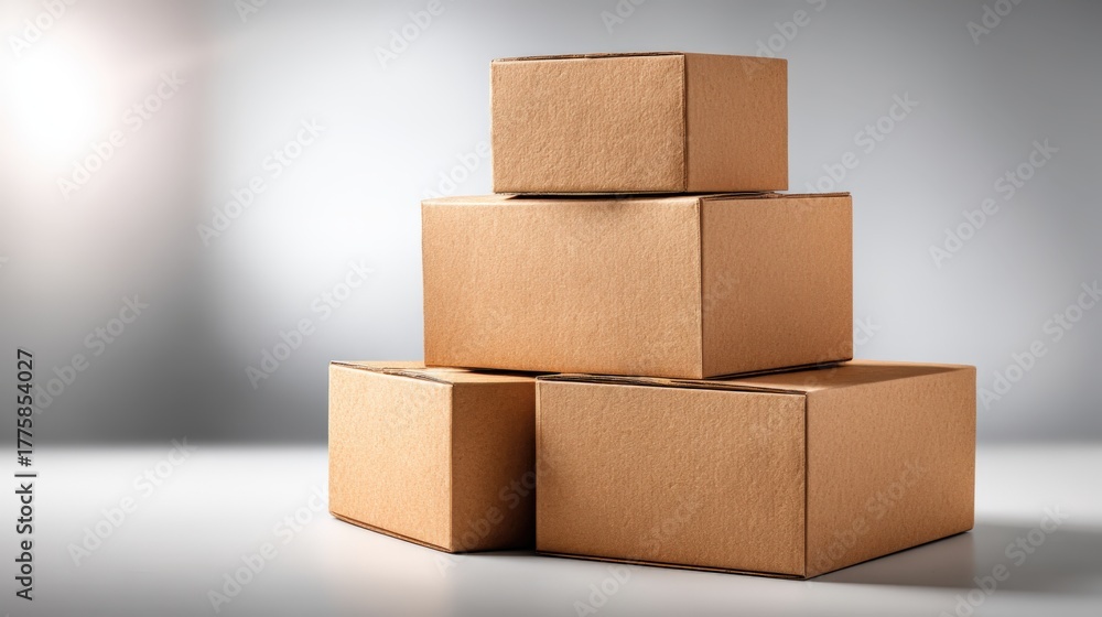 Obraz premium Stacked Cardboard Boxes for Shipping and Storage in a Bright, Clean Environment for Business