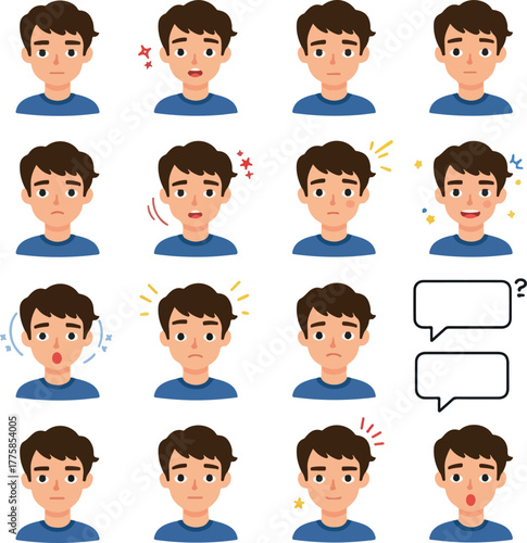 Pixel Art Boy Emotions Set Blue Shirt Isolated White Vector