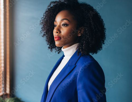 Confident African woman in blue blazer gazing sideways in soft daylight