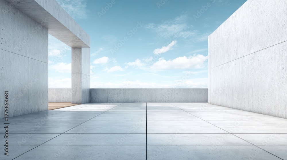 Obraz premium Modern Concrete Rooftop Terrace with Open Sky View, Architectural Design for Property and Real Estate