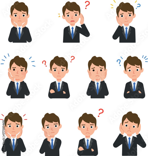 Pixel Art Businessman Poses Thinking Confused Question Worry Doubt Expression