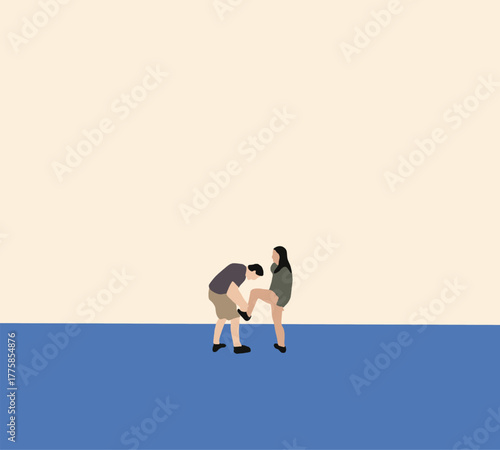 Man tying shoes for woman on city street. Relax and enjoy spend time during holiday vacation. Urban lifestyle. 