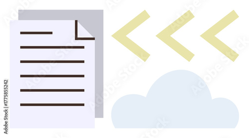 Document with horizontal lines, cloud, and directional arrows indicating action or transfer. Ideal for file sharing, data storage, backup, cloud computing, digital workflow, technology