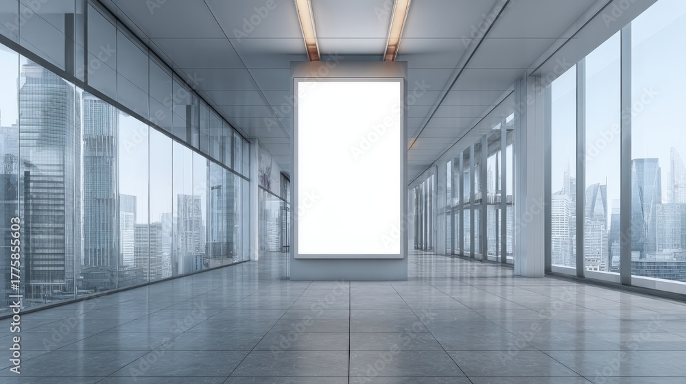 Fototapeta premium Modern Office Interior with Blank Billboard Mockup Display and Cityscape View for Advertising