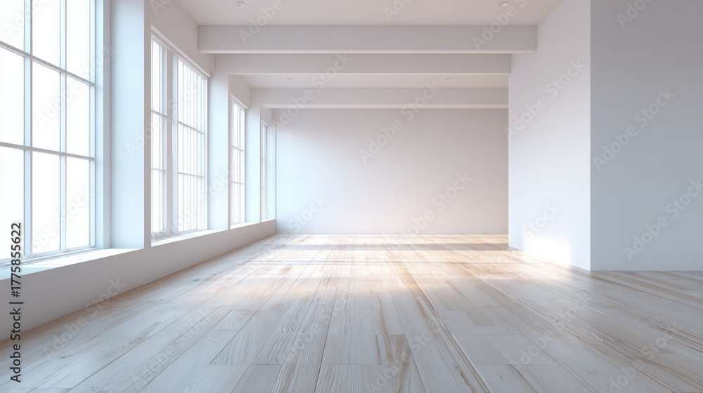 Fototapeta premium Bright, Spacious Empty Room with Large Windows and Wooden Floor, Ideal for Modern Interior Design