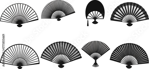 Elegant traditional hand fan silhouette collection, Japanese and Chinese folding fan vector illustration, black white cultural design, minimal art