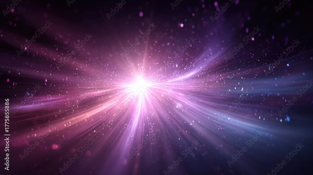 Naklejka premium Abstract Cosmic Burst of Light with Radiant Energy Streams and Nebulous Particle Cloud Background
