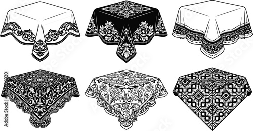 Elegant tablecloth vector collection, decorative patterned fabric design, vintage table cover, ornamental textile for dining, wedding, or interior decoration