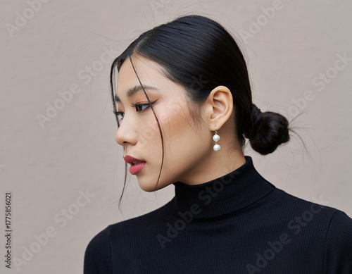 Elegant Asian woman in black turtleneck with pearl earrings side profile