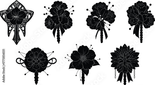 Elegant floral bouquet vector collection, black and white flower arrangement illustration, decorative botanical design for wedding, gift, and print