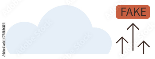 Large cloud with red FAKE alert sign and arrows pointing upwards. Ideal for misinformation, social media, technology awareness, digital communication, internet culture, data, simple flat metaphor