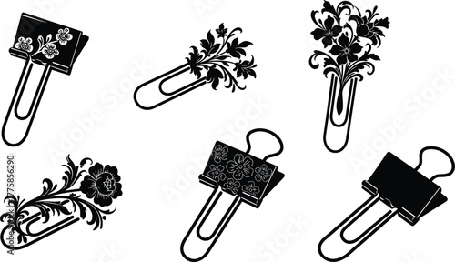 Elegant floral binder and paper clip silhouette set, vintage decorative stationery accessory design, black and white vector illustration art