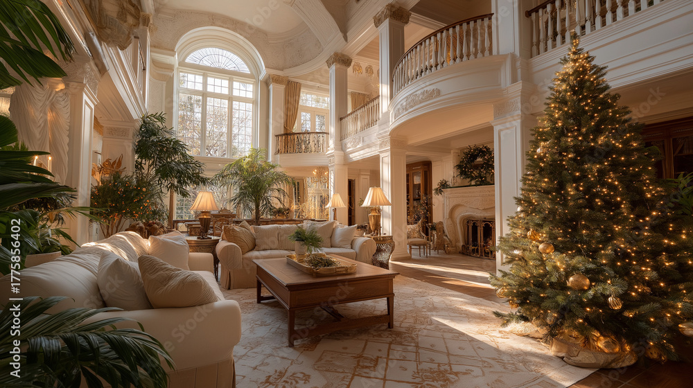 Fototapeta premium Elegant Holiday Living: An expansive living room adorned for the festive season, blending opulence with yuletide cheer, showcasing a grand christmas tree, and inviting comfort.